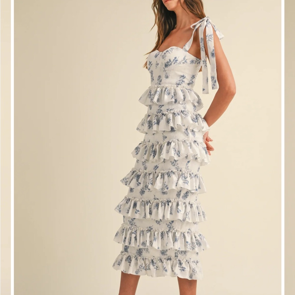 Amable Corset Cottage Floral Ruffle Maxi Dress M Tie Straps Cottagecore Prairie